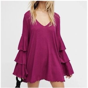 Free People Beach Magenta Size S Seashore Mini Dress‎ Bell Sleeves Boho Hippie